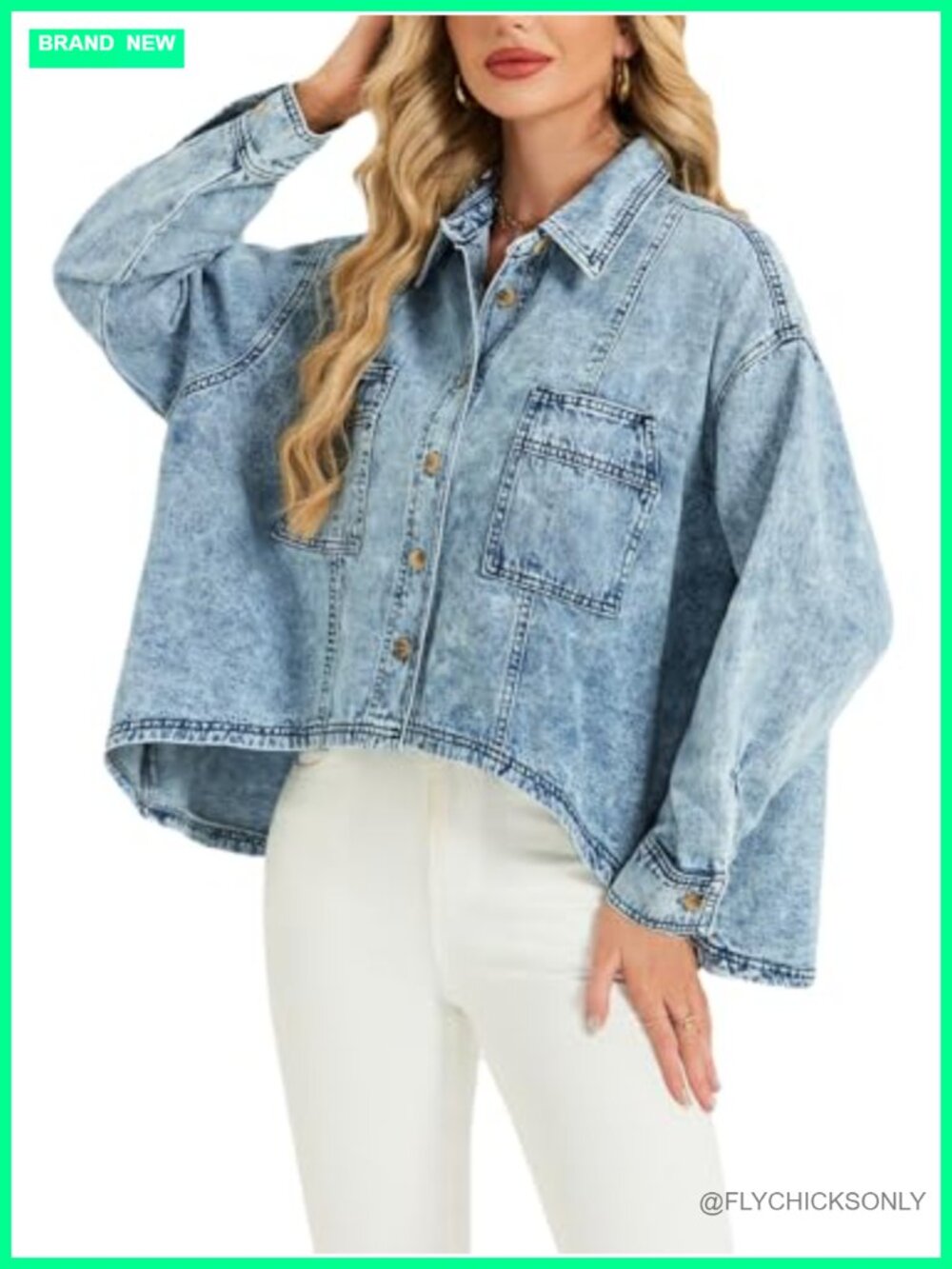 Oversized Denim Shirt Batwing Sleeve Cropped Shacket Button Down